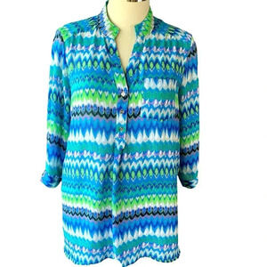 Rouge Collection 3/4 Sleeve Button Front Sheer Chiffon Tops Blouse Size 1X Ikat